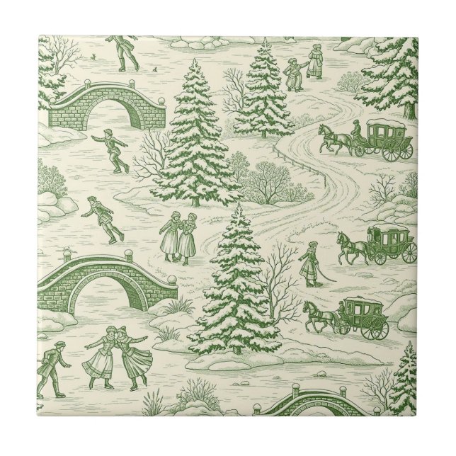 Victorian Cream Green Winter Toile Pattern Tile (Front)
