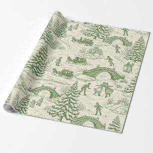 Victorian Cream Green Winter Toile Pattern Wrapping Paper