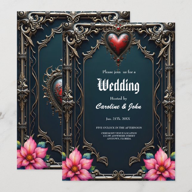 Victorian Crimson Gothic Heart Invitation (Front/Back)