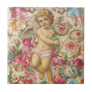 Victorian Cupid and Roses Floral Tile