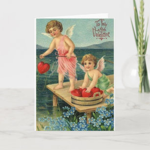 Victorian Cupid Heart Fishing Valentine's Day Card