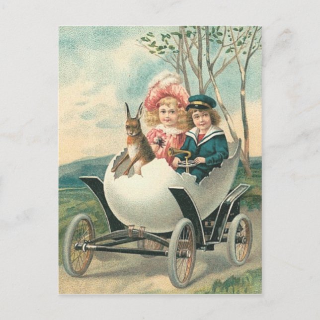 Victorian Cute Children Bunny Egg Car Postcard (Front)