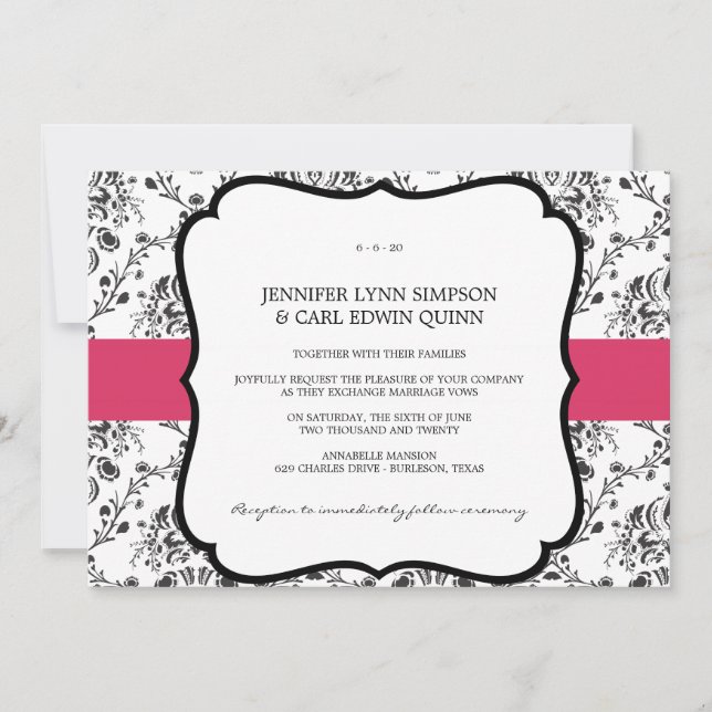 Victorian Damask (Black & Fuschia) Wedding Invite (Front)