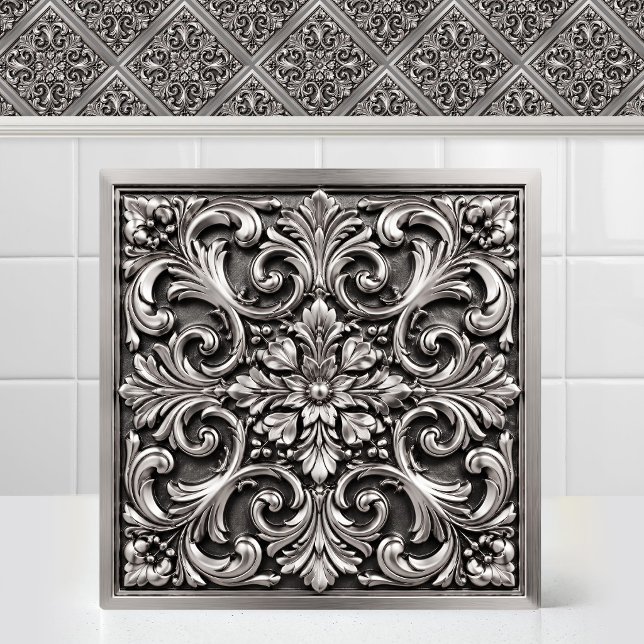 Victorian Damask Embossed Antique Silver Pattern Tile (Victorian Damask Embossed Antique Silver Pattern Ceramic Tile)