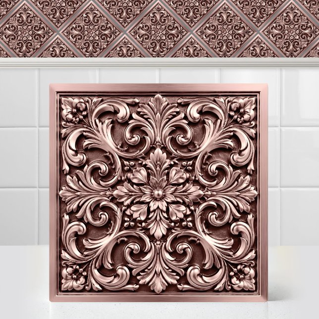 Victorian Damask Embossed Rose Gold Pink Pattern Tile (Victorian Damask Embossed Rose Gold Pink Pattern Ceramic Tile)