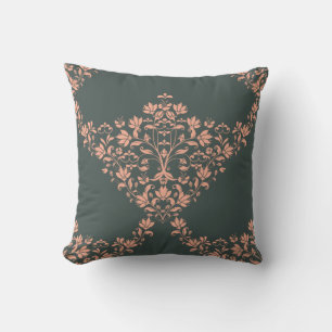 Victorian Damask in Pink on Black Throw Pillow