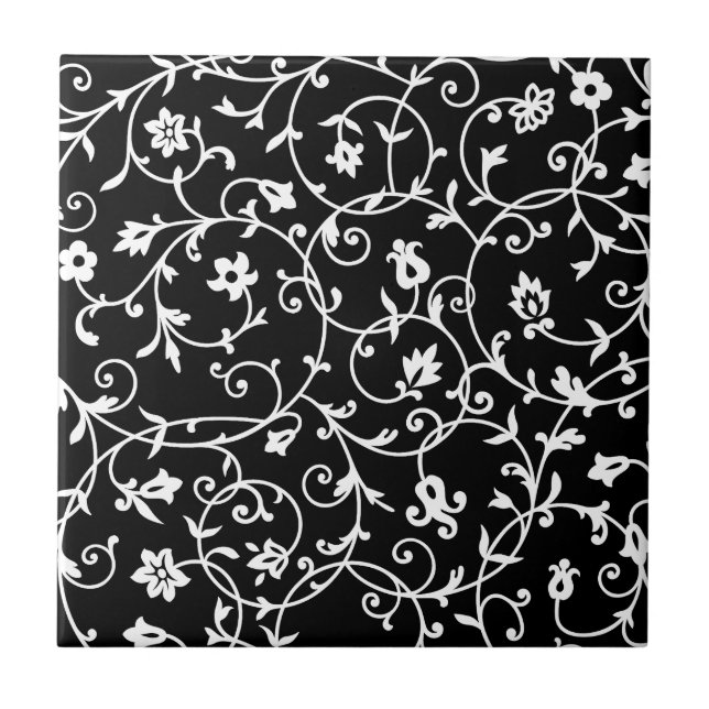 Victorian Damask Pattern, Black and White, Tile (Front)