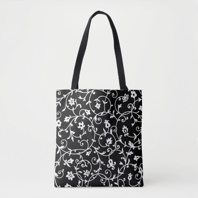 Victorian Damask Pattern, Black and White, Tote Bag (Front)