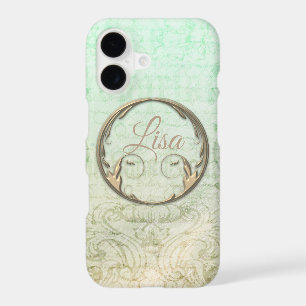 Victorian damask script gold green elegant