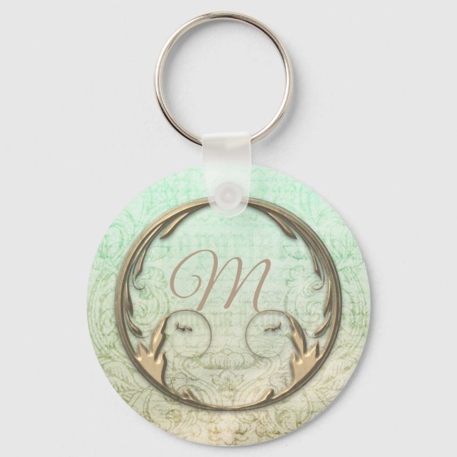 Victorian damask script gold green elegant key ring (Front)