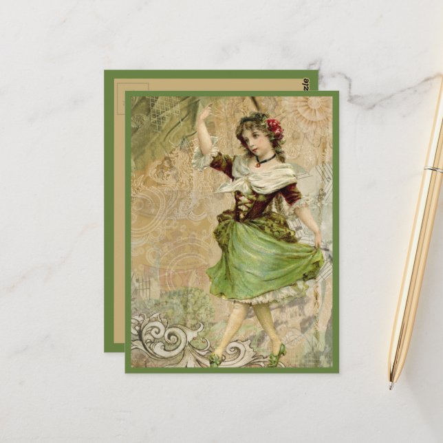 Victorian Dancing Girl Green Red Rose Postcard (Front/Back In Situ)