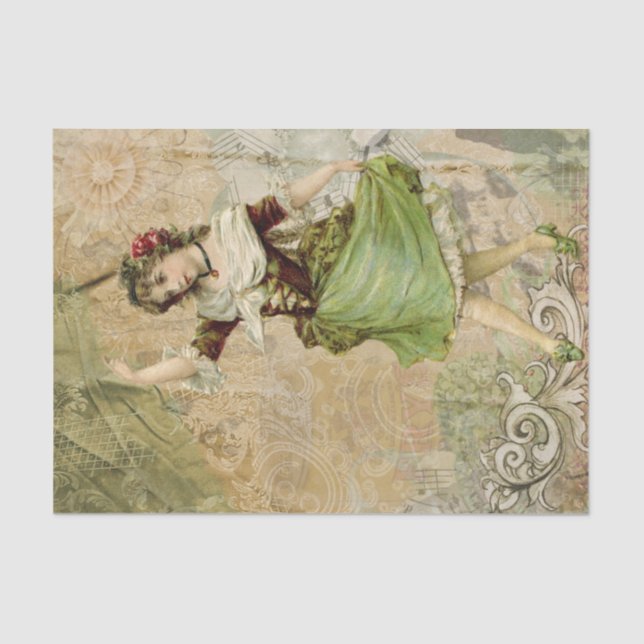 Victorian Dancing Girl Green Red Rose Tissue Paper (Front)