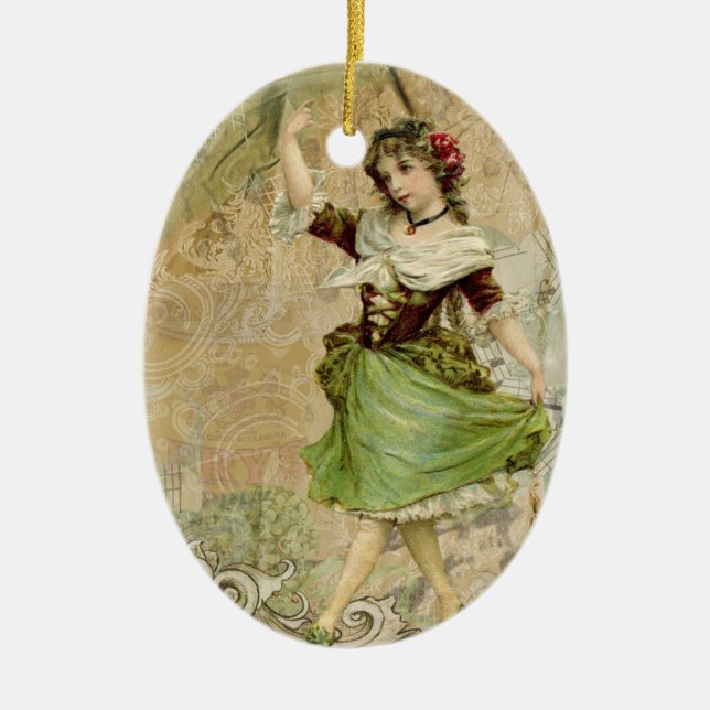 Victorian Dancing Girl Green w/ Red Rose Ornament (Front)