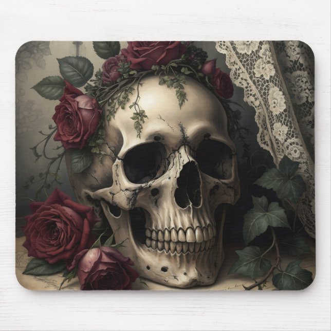 Victorian Dark Academia Gothic Skull with Roses Mouse Mat (Front)