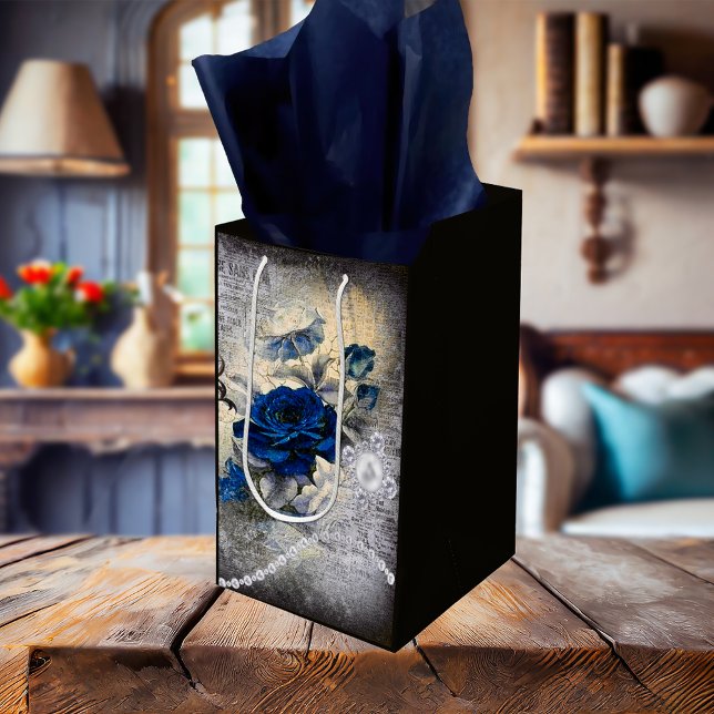 Victorian Dark Blue Rose Ephemera Medium Gift Bag (Creator Uploaded)
