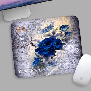 Victorian Dark Blue Rose Ephemera Monogram Mouse Mat