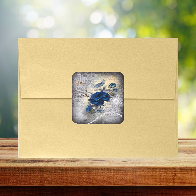 Victorian Dark Blue Rose Ephemera Square Sticker (Creator Uploaded)
