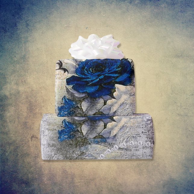 Victorian Dark Blue Rose Ephemera Wrapping Paper (Creator Uploaded)
