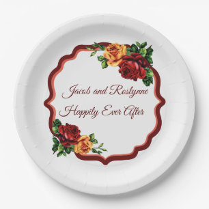 Victorian Deep Red and Yellow Roses Paper Plate