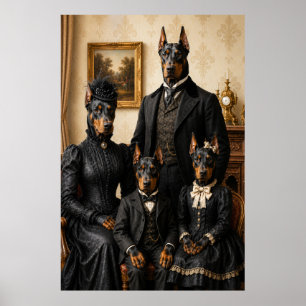 Victorian Doberman Family Portrait in Black Attire Poster