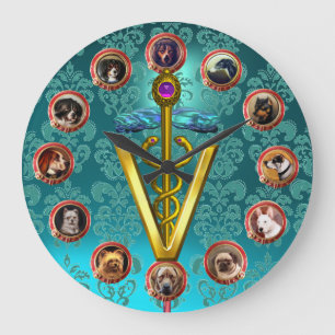 VICTORIAN DOG PORTRAITS CADUCEUS VETERINARY SYMBOL LARGE CLOCK