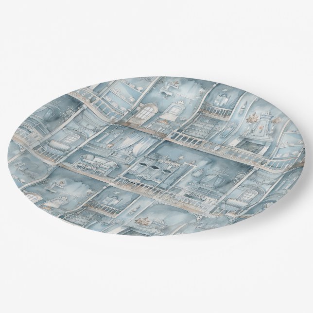 Victorian Dollshouse Pale Blue Watercolor Paper Plate (Angled)