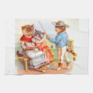Victorian dressed kitty cats family tea towel