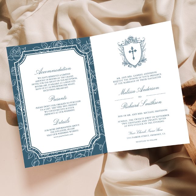 Victorian Dusty Blue Catholic QR Code Wedding Invitation (Creator Uploaded)