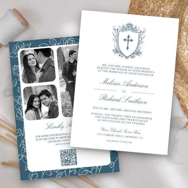 Victorian Dusty Blue Catholic QR Code Wedding Invitation (Creator Uploaded)