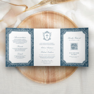 Victorian Dusty Blue Catholic QR Code Wedding Tri-Fold Invitation