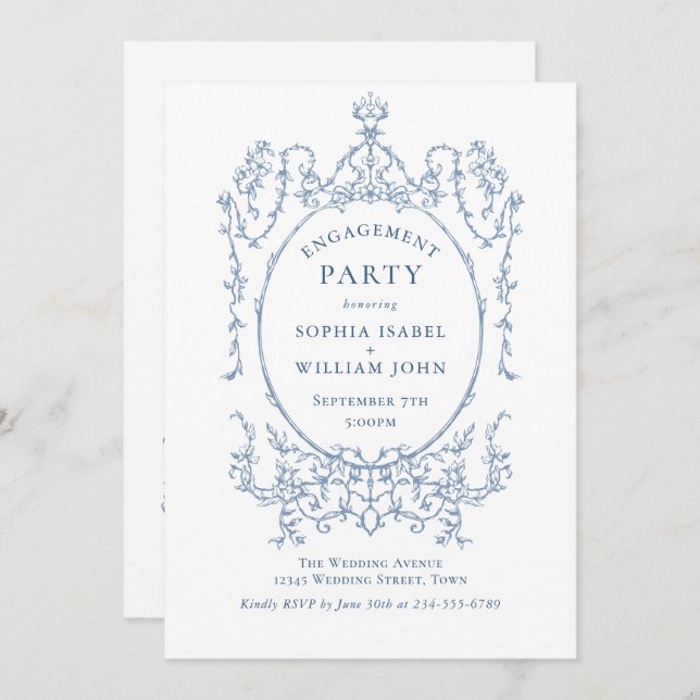 Victorian Dusty Blue ENGAGEMENT PARTY QR code Invitation (Front/Back)