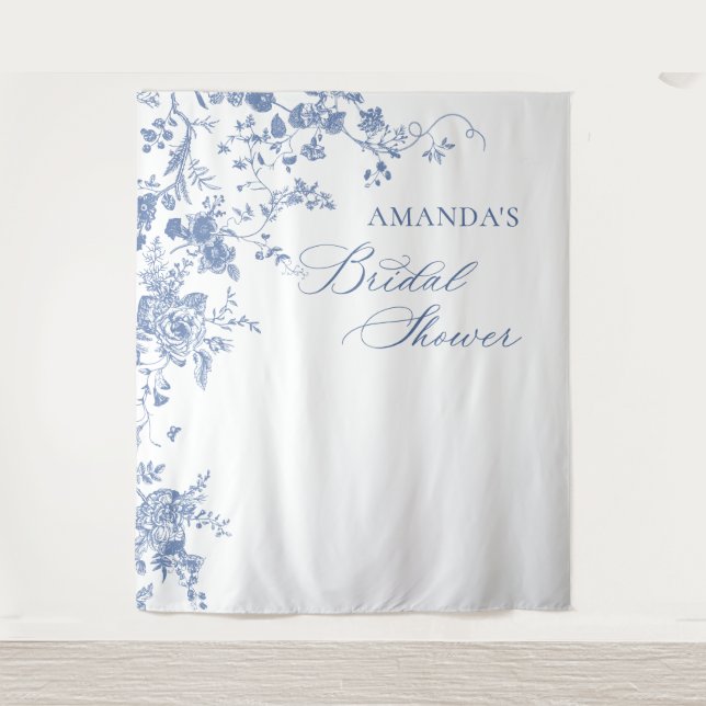 Victorian Dusty Blue Floral Bridal Shower Backdrop Tapestry (Front)