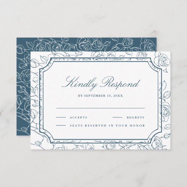 Victorian Dusty Blue Floral Line Art Wedding RSVP Card (Front/Back)