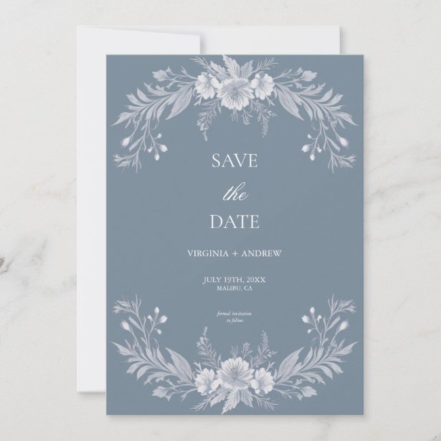 Victorian Dusty Blue Floral Wedding Save The Date (Front)