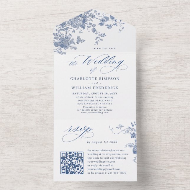 Victorian Dusty Blue French Garden Floral Wedding All In One Invitation (Inside)