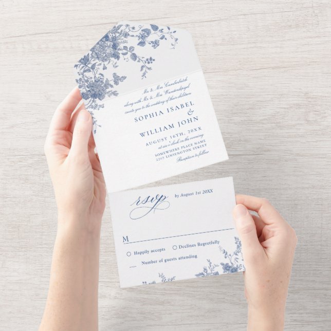Victorian Dusty Blue French Garden Floral Wedding All In One Invitation (Tearaway)