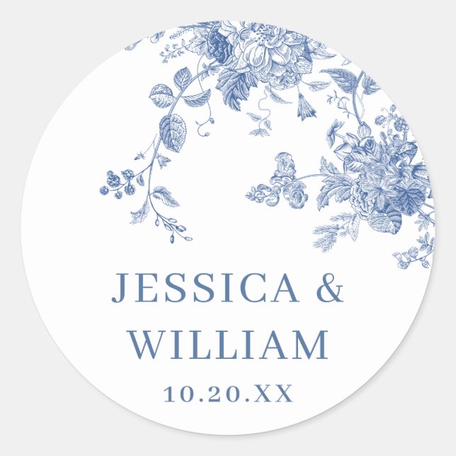 Victorian Dusty Blue French Garden Floral Wedding Classic Round Sticker (Front)