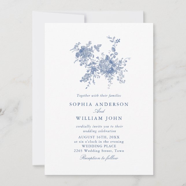 Victorian Dusty Blue French Garden Floral Wedding Invitation (Front)