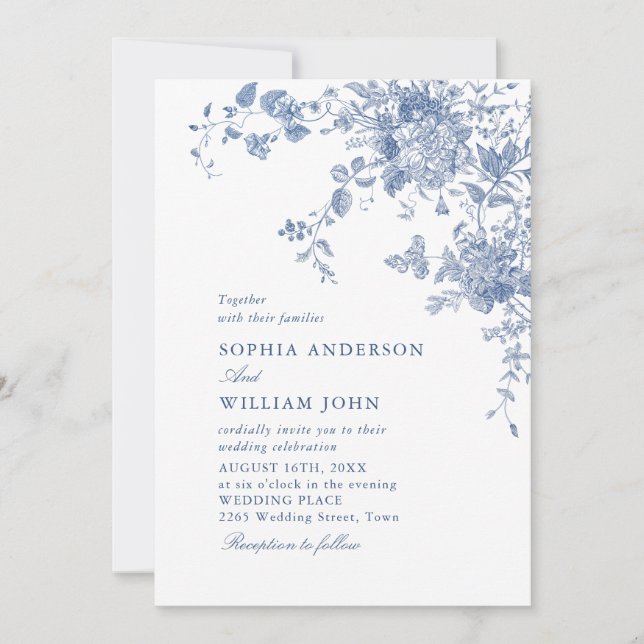Victorian Dusty Blue French Garden Floral Wedding Invitation (Front)