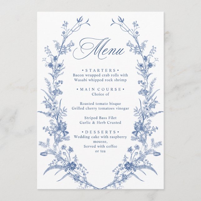 Victorian Dusty Blue French Garden Floral Wedding Menu (Front)