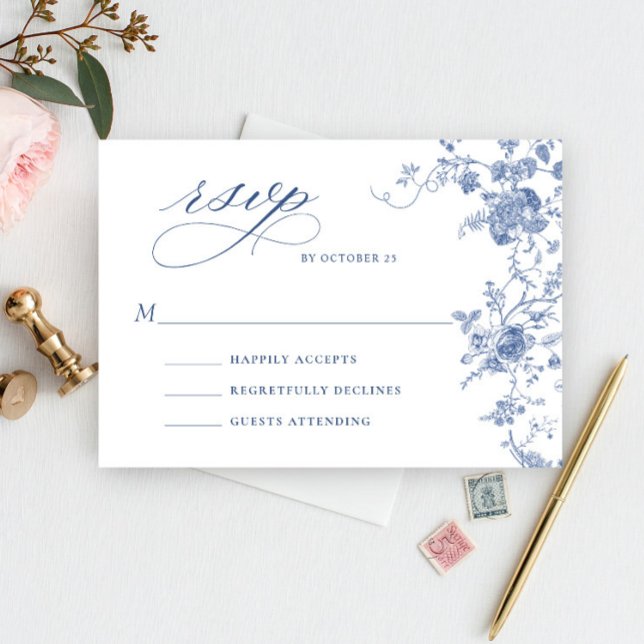 Victorian Dusty Blue French Garden Floral Wedding RSVP Card (Creator Uploaded)