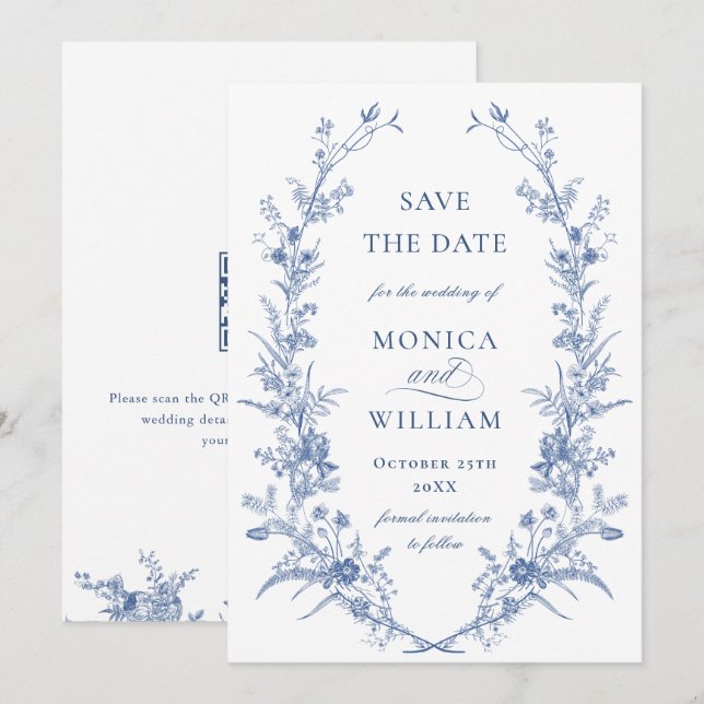 Victorian Dusty Blue French Garden Floral Wedding Save The Date (Front/Back)