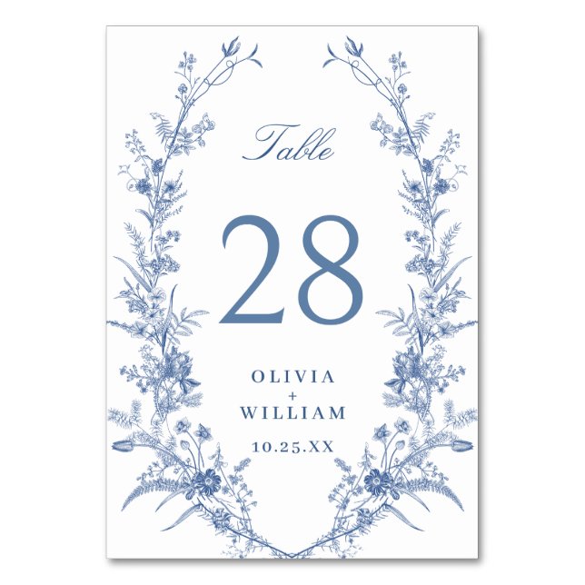 Victorian Dusty Blue French Garden Floral Wedding Table Number (Front)