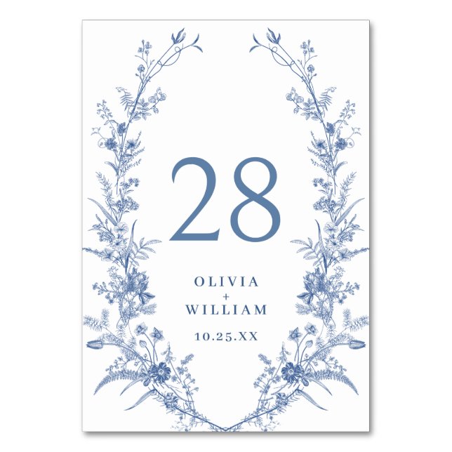 Victorian Dusty Blue French Garden Floral Wedding Table Number (Front)
