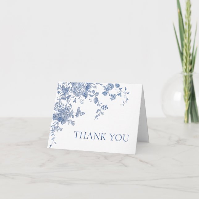 Victorian Dusty Blue French Garden Floral Wedding Thank You Card (Front)