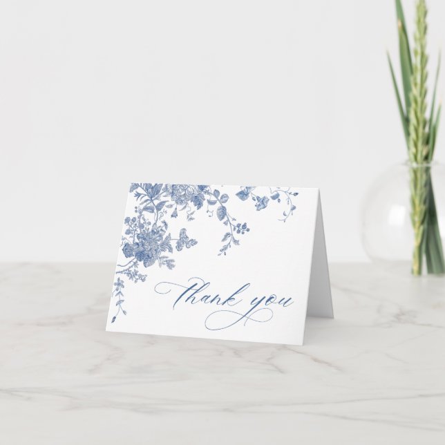 Victorian Dusty Blue French Garden Floral Wedding Thank You Card (Front)