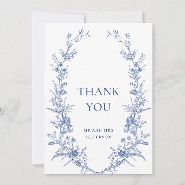 Victorian Dusty Blue French Garden Floral Wedding Thank You Card (Front)