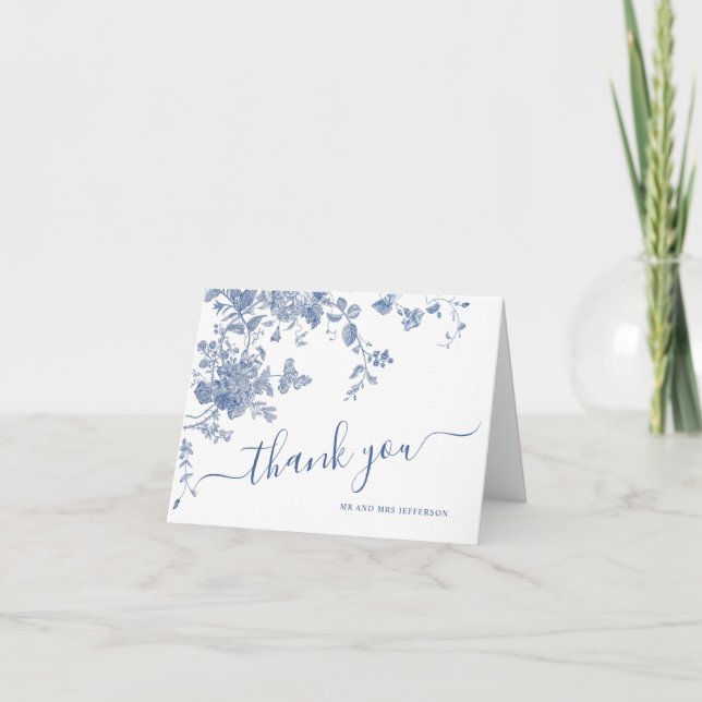 Victorian Dusty Blue French Garden Floral Wedding Thank You Card (Front)