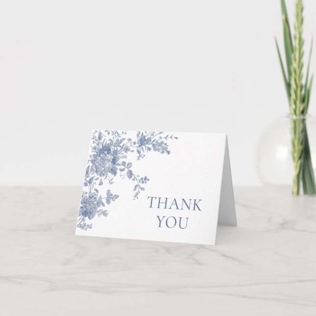 Victorian Dusty Blue French Garden Floral Wedding Thank You Card (Front)