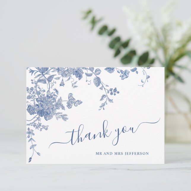 Victorian Dusty Blue French Garden Floral Wedding Thank You Card (Standing Front)